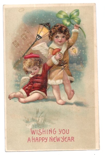 画像1: Postcard　New Year　新年祝い　キノコと四葉クローバーを持つ天使 1907年 (1)