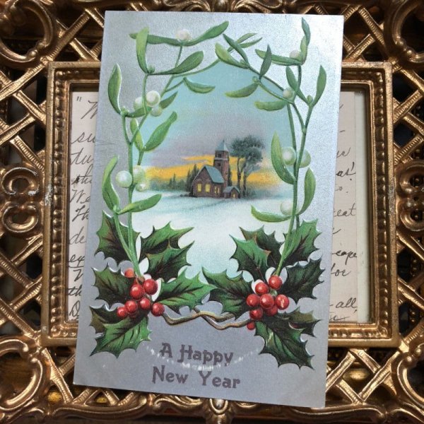 画像2: Postcard クリスマス ヤドリギとホーリー 雪景色 教会 (2)
