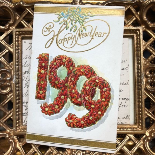 画像2: Postcard New Year 新年祝い ヤドリギ ポインセチア 1909年 (2)
