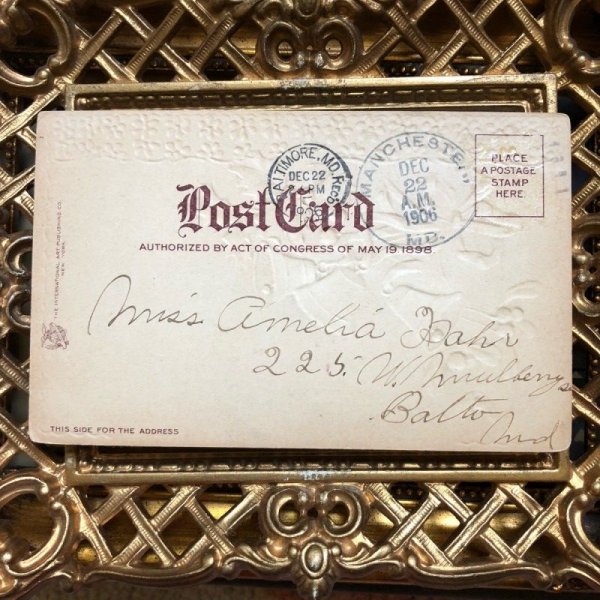 画像3: Postcard クリスマス ホーリーとヤドリギ ピンク色のリボンとベル 1906年 (3)