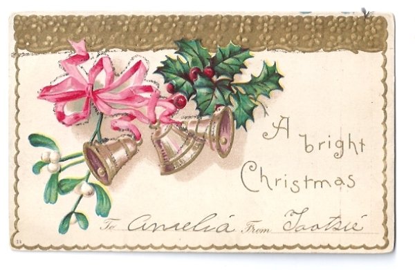 画像1: Postcard　クリスマス　ホーリーとヤドリギ　ピンク色のリボンとベル　1906年 (1)