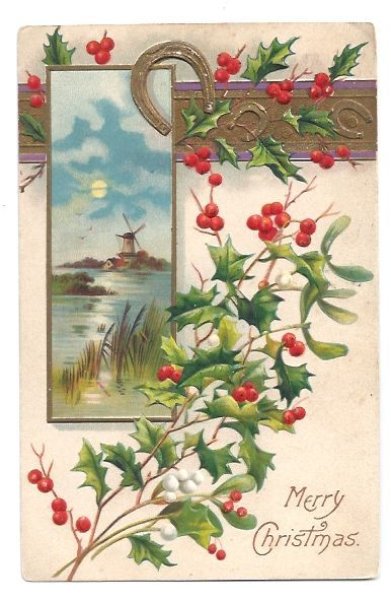 画像1: Postcard　クリスマス　ホーリーとヤドリギ　馬蹄　1909年 (1)