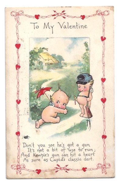 画像1: Postcard  バレンタイン　銃を持つキューピーと逃げるキューピー　Rose O'Neill 1918年 (1)