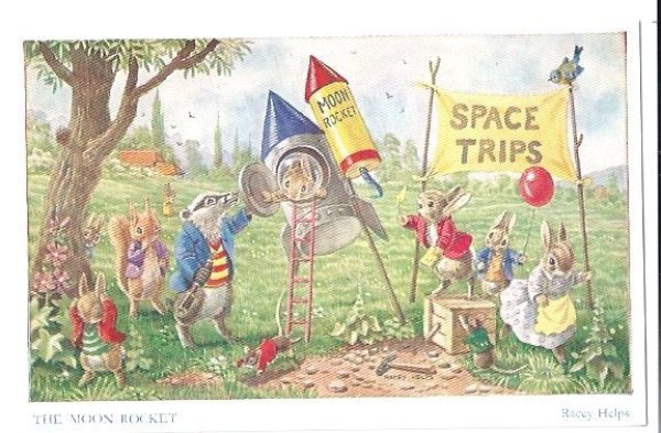 画像1: Postcard  森の動物さん　宇宙旅行　月へのロケット　Racey Helps　未使用 (1)