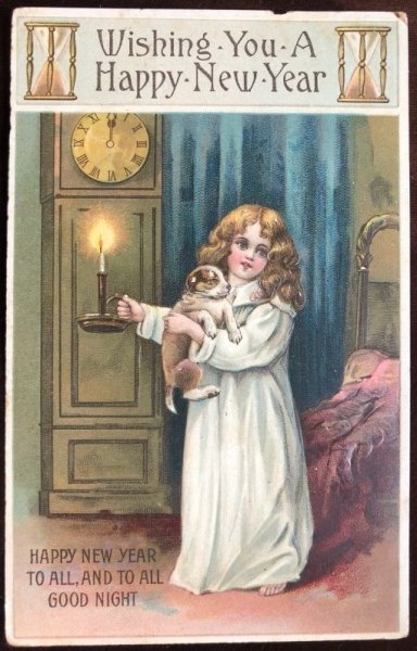 画像1: Postcard　新年祝い　New Year　子犬とキャンドルを持つ女の子　1909年 (1)