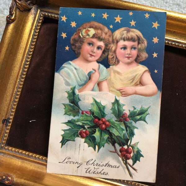 画像2: Postcard  クリスマス 2人の女の子 ホーリー 1908年 (2)