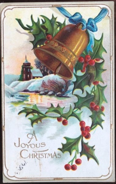 画像1: Postcard　クリスマス　ホーリーと金色のベル　雪景色　1913年 (1)