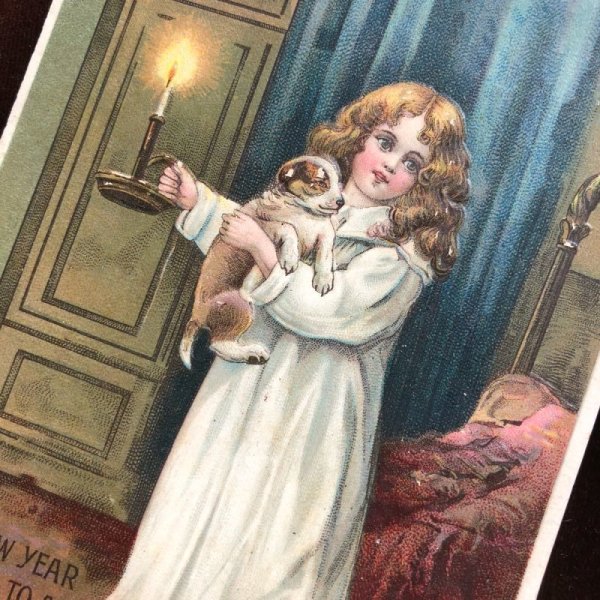 画像2: Postcard 新年祝い New Year 子犬とキャンドルを持つ女の子 1909年 (2)