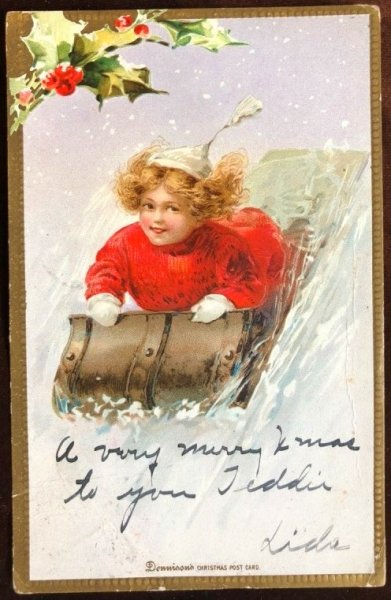 画像1: Postcard　クリスマス　ソリ遊びをする女の子　1906年 (1)