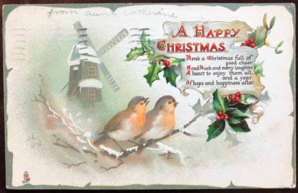 画像1: Postcard　クリスマス　2羽の小鳥と風車小屋　ロビン　1912年 (1)