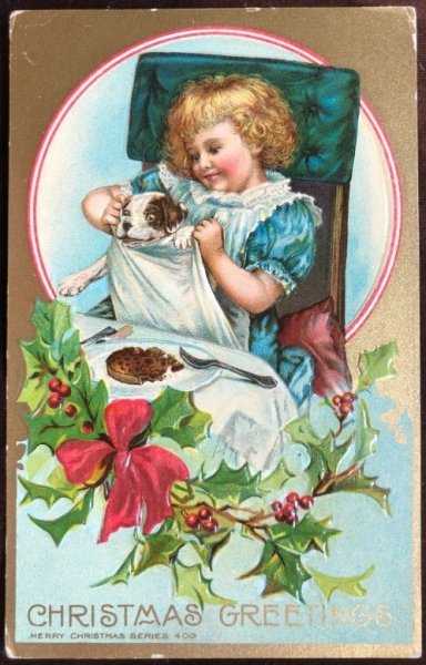 画像1: Postcard　　クリスマス　子犬と女の子 (1)