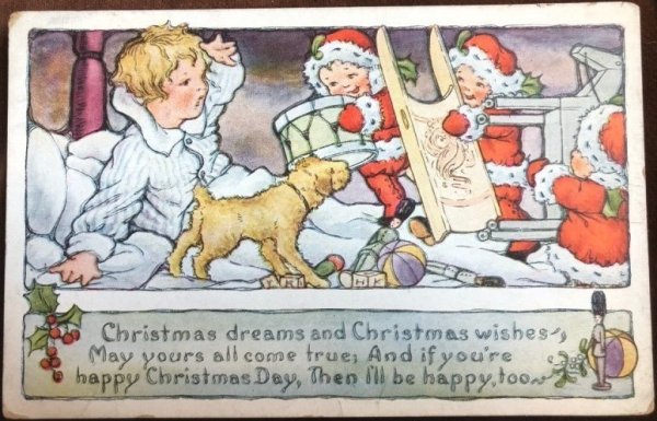 画像1: Postcard　クリスマス　プレゼントを運んできた小さなサンタさん 男の子とテリア犬　1920年 (1)