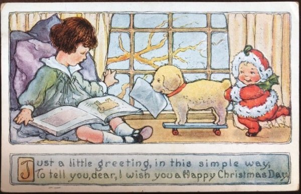 画像1: Postcard　クリスマス　プレゼントを運んできた小さなサンタさん 犬　1920年 (1)