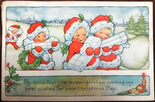 画像1: Postcard　クリスマス　プレゼントを運んできた小さなサンタさん 1918年 (1)