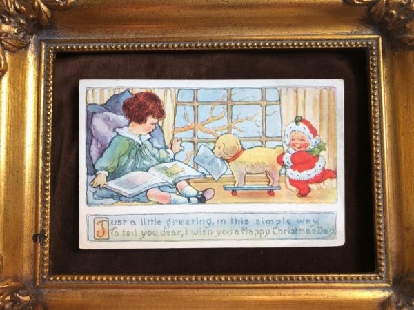 画像2: Postcard クリスマス プレゼントを運んできた小さなサンタさん 男の子とテリア犬 未使用 (2)