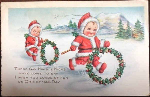 画像1: Postcard　クリスマス　小さなサンタさん　輪っかのリース　1917年 (1)