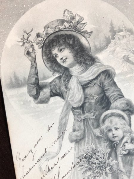 画像1: Postcard　ウィーン趣味　クリスマス　ヤドリギを掲げる女性とホーリーを持つ女の子　 M.M.VIENNE 1913年 (1)
