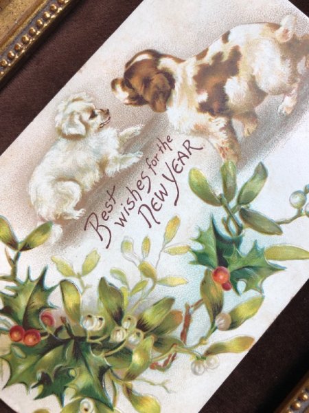 画像2: Postcard　クリスマス　2匹の子犬たち　ホーリーとヤドリギ　H.Maguire  (2)