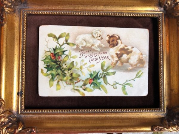 画像3: Postcard　クリスマス　2匹の子犬たち　ホーリーとヤドリギ　H.Maguire  (3)