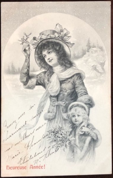 画像2: Postcard ウィーン趣味 クリスマス ヤドリギを掲げる女性とホーリーを持つ女の子  M.M.VIENNE 1913年 (2)