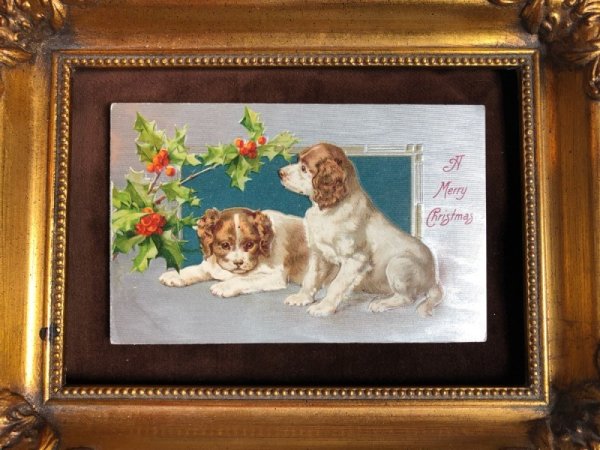 画像2: Postcard　クリスマス　2匹の子犬　スパニエル　H.Maguire　未使用 (2)