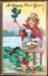画像2: Postcard 　新年祝い　New Year 　赤ずきんちゃん風の女の子　ホーリー　1910年 (2)