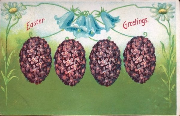 画像1: Postcard 　イースター　桔梗のお花とスミレのお花のイースターエッグ　未使用 (1)