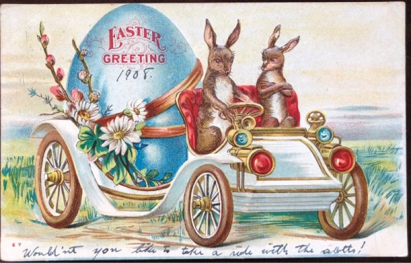 画像1: Postcard 　イースター　大きな卵を自動車で運ぶウサギさん 1908年 (1)