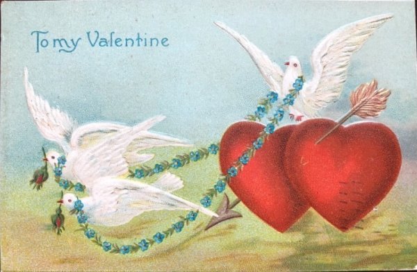 画像1: Postcard　バレンタイン　ハートを運ぶ白鳩　1909年 (1)