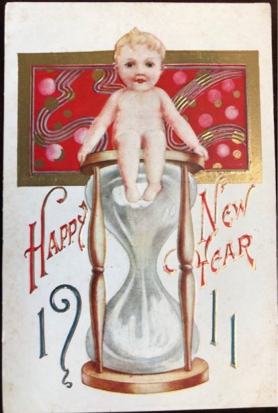 画像1: Postcard 　新年祝い　New Year 　赤ちゃんと砂時計　1911年　未使用 (1)