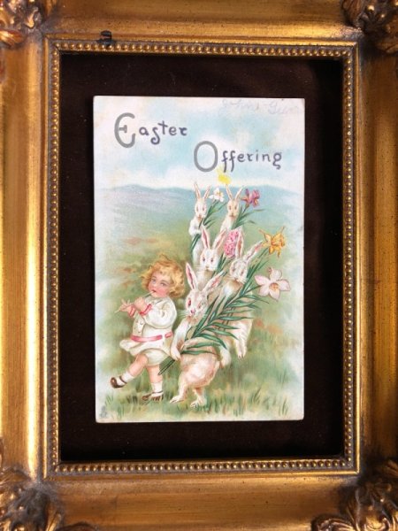 画像3: Postcard  イースター 笛を吹く子どもとお花を持つウサギさん 1913年 (3)