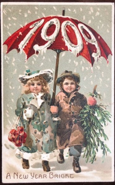 画像2: Postcard  新年祝い New Year  傘と子どもたち 1909年 (2)