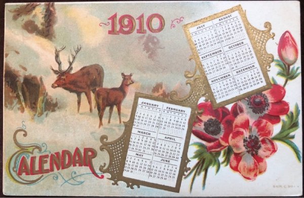 画像1: Postcard 　新年祝い　New Year 　カレンダー　1910年　トナカイ (1)