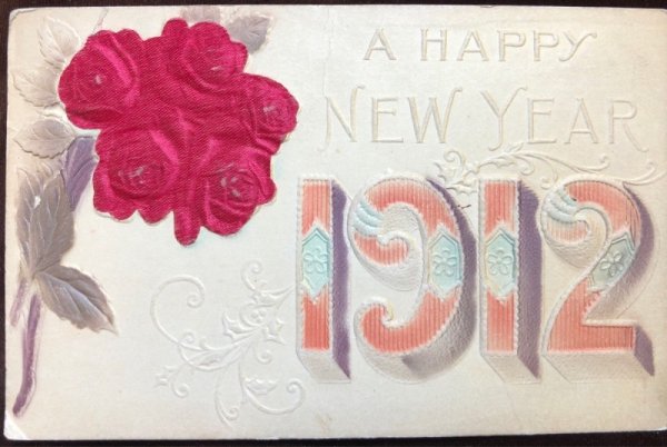 画像1: Postcard 　新年祝い　New Year バラのお花　シルク貼り　1912年 (1)