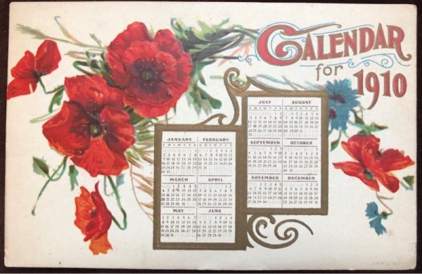 画像1: ▼SALE 500▼  Postcard　New Year　新年祝い　1910年　カレンダー　ポピーのお花 (1)
