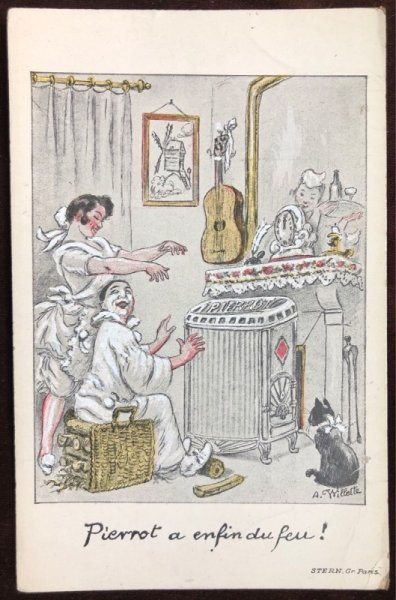 画像2: Vintage tradecard  暖をとる道化師さんと黒猫 フランス (2)