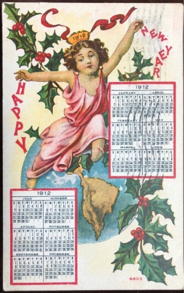 画像1: Postcard 　新年祝い　New Year カレンダー　1912年　地球 (1)