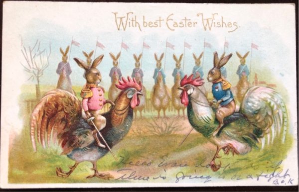 画像2: Postcard  イースター ニワトリに乗って対決をするウサギの兵隊さん 1908年 (2)