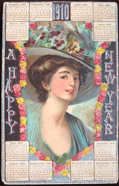 画像1: Postcard 　新年祝い　New Year 　1910年カレンダー　女性　 (1)