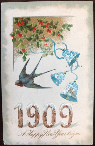 画像1: Postcard　新年祝い　New Year　ツバメと忘れな草のお花のベル 1909年 (1)