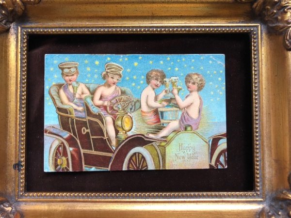 画像2: Postcard  新年祝い New Year  お祝いをする子どもたち 自動車 1909年 (2)