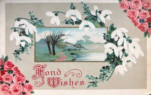 画像1: Postcard 　スノードロップと薔薇のお花　水辺の風景　 (1)