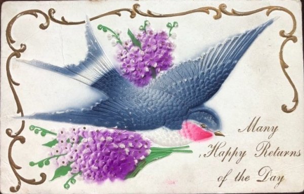 画像1: Postcard　スズランとスミレのお花とツバメ　1908年 (1)