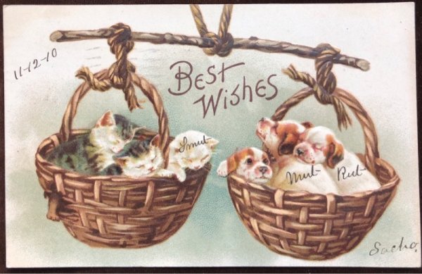 画像1: Postcard　子犬と子猫の天秤のバスケット　Helena Maguire 1910年 (1)