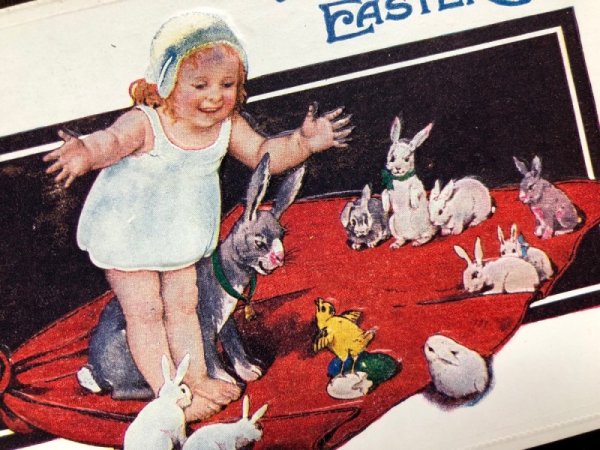 画像2: Postcard  イースター 女の子とウサギとヒヨコ Marie Flatscher 未使用 (2)