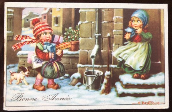 画像1: Postcard　クリスマス　プレゼントを運んできた男の子　A.Bertiglia (1)