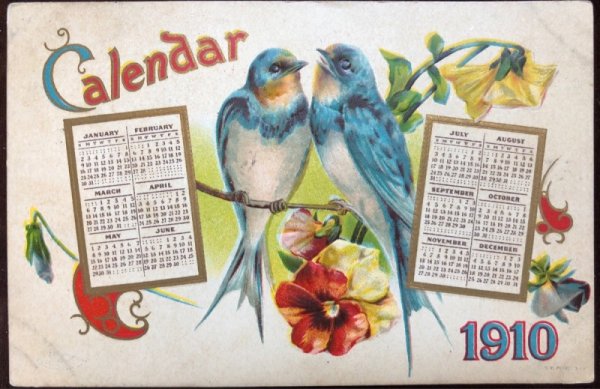 画像1: Postcard 　新年祝い　New Year 　カレンダー　1910年　ツバメ (1)