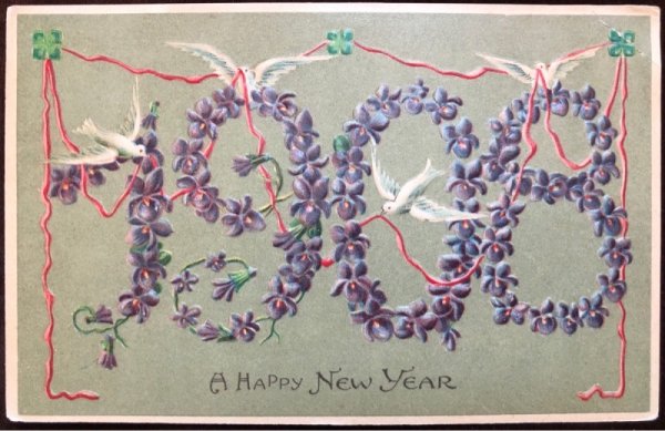 画像1: Postcard 　新年祝い　New Year 　スミレのお花の数字と白鳩のリボン　1908年　未使用 (1)