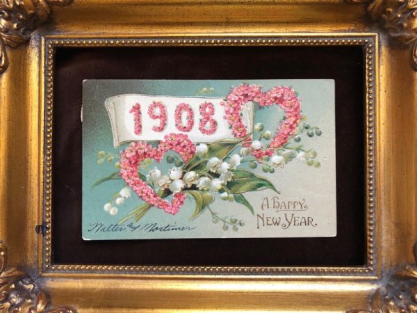 画像2: Postcard  新年祝い New Year  スズランのお花とハートのリース 1908年 (2)