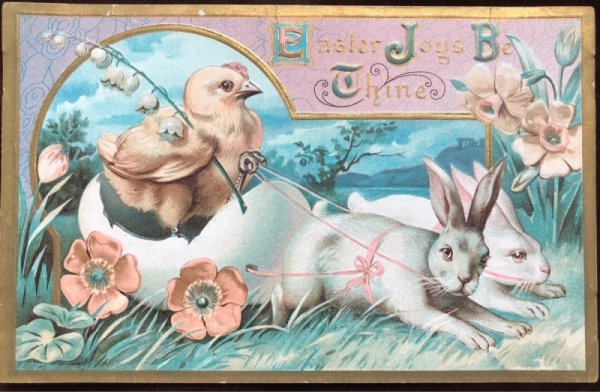 画像1: Postcard 　イースター　ウサギの卵車に乗るヒヨコ (1)